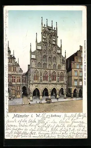 Goldfenster-AK Münster i. W., Fassade des Rathaus, mit leuchtenden Fenstern