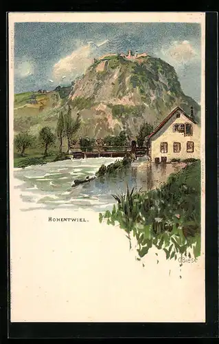 Künstler-AK Carl Biese: Hohentwiel, Haus am Ufer, Blick hinauf zur Burg