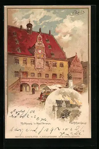 Künstler-AK Heilbronn, das Rathaus und das Kätchenhaus