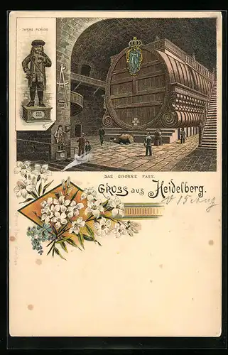 Lithographie Heidelberg, Zwerg Perkeo, das Grosse Fass im Keller, Blumenzier