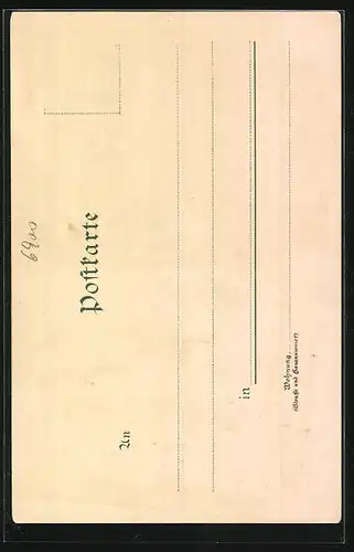 Lithographie Heidelberg, Zwerg Perkeo, das Grosse Fass im Keller, Blumenzier