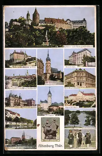 AK Altenburg i. Thür., Schloss mit Kriegerdenkmal, Landestheater, Altenburger Bauerntrachten, Rote Spitzen