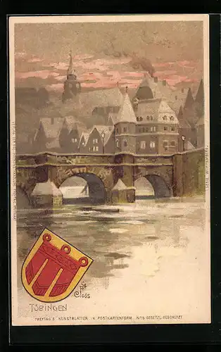 Künstler-AK Tübingen, Brücke in die Stadt im Winter, Stadtwappen