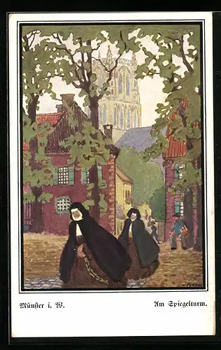 Künstler-AK Münster i. W., Blick zum Spiegelturm
