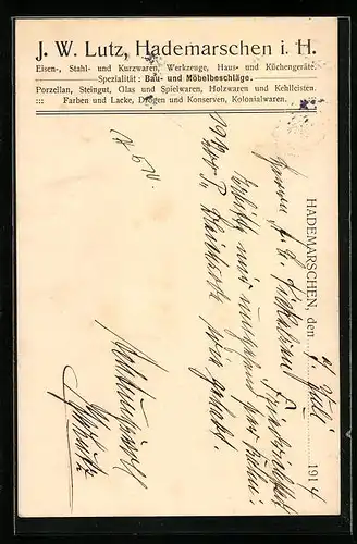 AK Hademarschen i. H., Telegrammkarte J. W. Lutz