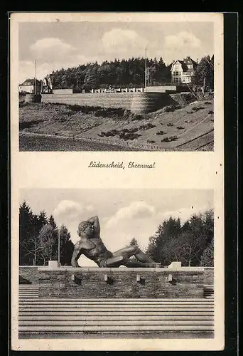 AK Lüdenscheid, Partie am Ehrenmal, die liegende Skulptur