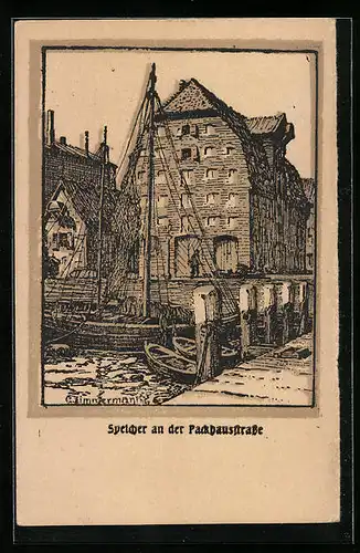 Künstler-AK Kiel, Speicher an der Packhausstrasse