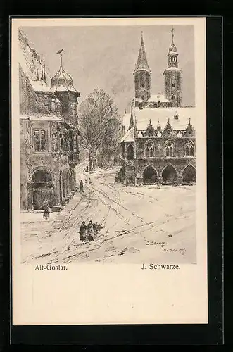 Künstler-AK Goslar, Hotel Reifer Worth und das Rathaus