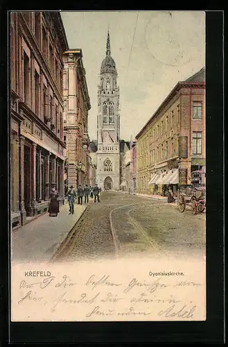 AK Krefeld, Passanten vor der Dyonisiuskirche