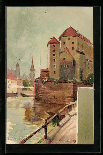 Künstler-AK Passau, Partie am Ufer, Blick auf die Türme der Stadt