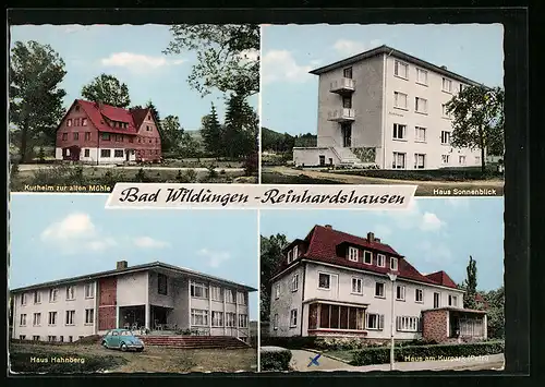 AK Bad Wildungen-Reinhardshausen, das Haus Sonnenblick, Kurheim zur alten Mühle, Haus am Kurpark, Haus Hahnberg
