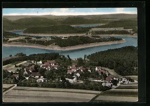 AK Bringhausen am Edersee, Fliegeraufnahme der Ortschaft am Seeufer