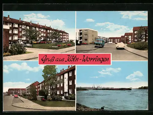 AK Köln-Worringen, Wohnhäuser, Blick auf den Rheinhafen