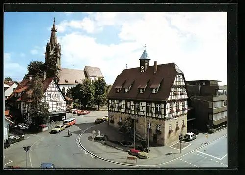 AK Echterdingen b. Stuttgart, Stadtplatz mit der Kirche im Hintergrund