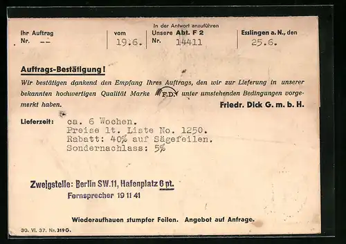 AK Esslingen a. N., Telegramm der Friedr. Dick GmbH