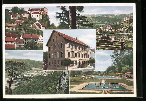 AK Egloffstein i. Fränkischen Schweiz, Erholungsheim des BDKK Landesverbandes Bayern e.V., im Freibad, Talblick
