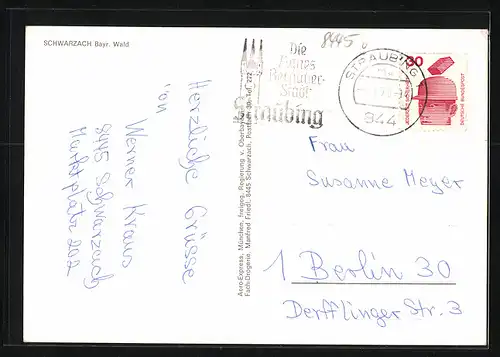 AK Schwarzach im Bayr. Wald, Fliegeraufnahme der gesamten Stadt