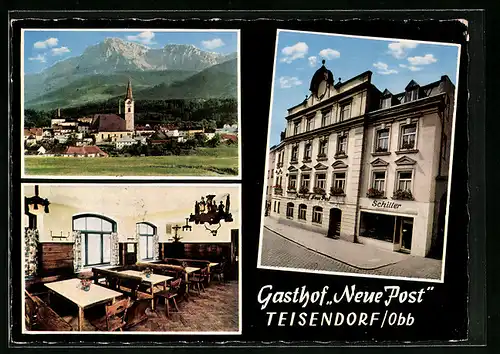 AK Teisendorf i. Obb., Gasthof Neue Post, in der Gaststube, Ortsansicht mit der Kirche, Blick auf die Kirche