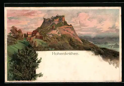Künstler-AK Carl Biese: Hohenkrähen, Blick auf die Burg auf dem Berg