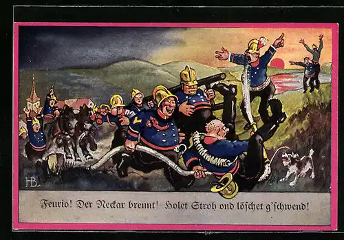 Künstler-AK Hans Boettcher: Neckar, Feuerwehrleute mit Wasserschlauch wollen den brennenden Fluss löschen