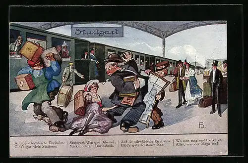 Künstler-AK Hans Boettcher: Stuttgart, Zusammenstoss auf dem Bahnsteig