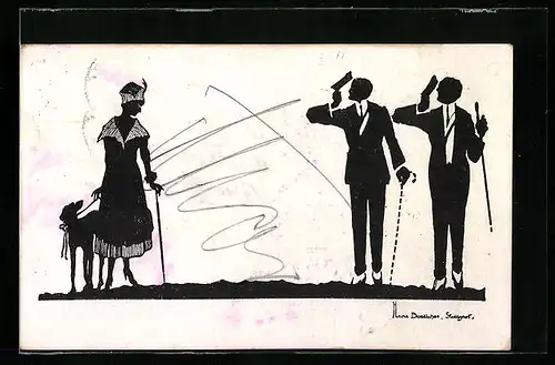 Künstler-AK Hans Boettcher: Herren ziehen vor einer Frau mit Hund den Hut