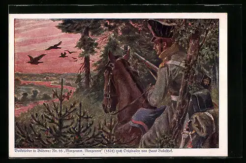 Künstler-AK Hans Baluschek: Volkslied in Bildern: Nr. 16, Morgenrot, Soldat zu Pferd im Wald