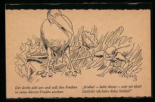 Künstler-AK Wilhelm Busch: Däumling greift einen Vogel an