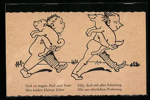 Künstler-AK Wilhelm Busch: Kinder mit Hunden auf der Schulter