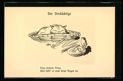 Künstler-AK Wilhelm Busch: Der Verdächtige, Katze in einem Korb