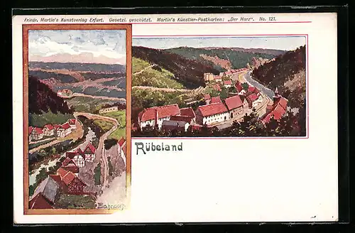 Künstler-AK H. Bahndorf: Rübeland, Ortstotale im Tal
