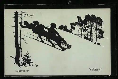 Künstler-AK R. Borrmeister: Wintersport, Schlittenfahrt