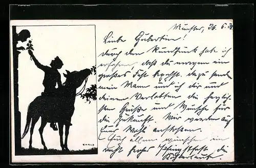 Künstler-AK Carus: Mann zu Pferd unter dem Fenster der Geliebten