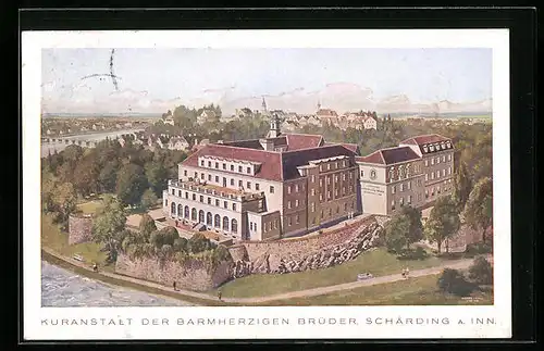 Künstler-AK Schärding am Inn, Blick auf die Kuranstalt der Barmherzigen Brüder