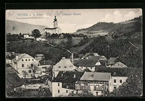 AK Weyer a. d. Enns, Unterer Markt mit Blick zur Kirche