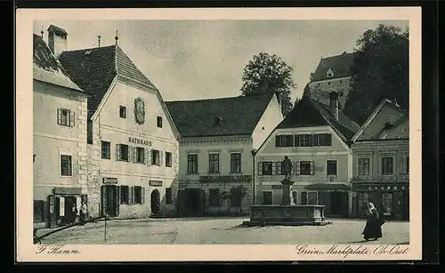 AK Grein, Denkmal und Rathaus am Marktplatz
