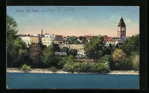 AK Enns, Stadtansicht vom Ennsufer mit Blick zur Kirche