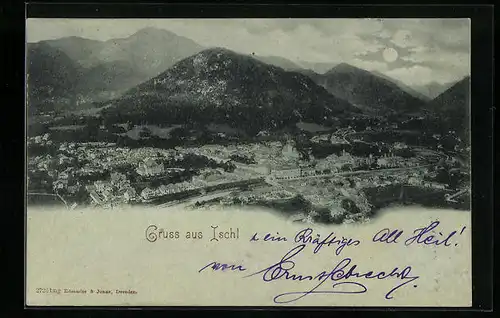 Mondschein-AK Bad Ischl, Generalansicht der Stadt im Tal