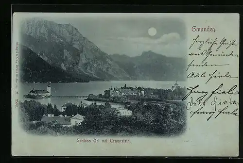 Mondschein-AK Gmunden, Blick auf Schloss Ort mit Traunstein