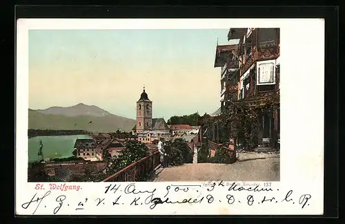 AK St. Wolfgang, Stadtansicht mit der Kirche, Blick auf den See
