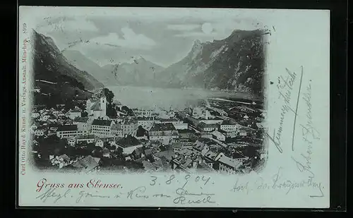 Mondschein-AK Ebensee, Generalansicht mit Blick auf den See