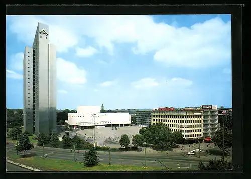 AK Düsseldorf /Rh., Dreischeiben-Hochhaus und Schauspielhaus