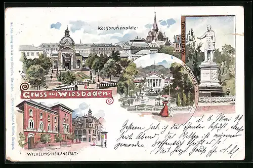 Lithographie Wiesbaden, Wilhelms-Heilanstalt, Kurhaus, Kochbrunenplatz
