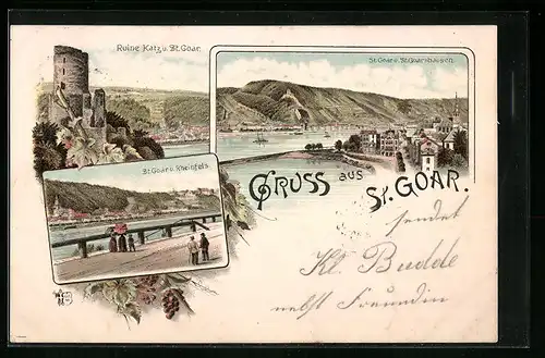 Lithographie St. Goar, 1895, Ruine Katz u. St. Goar, Rheinfels