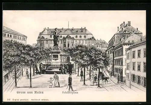Lithographie Mainz, Schillerplatz mit Denkmal