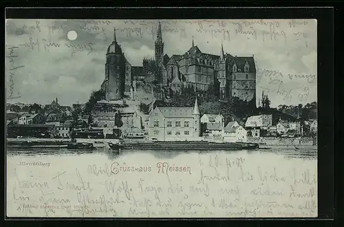 Mondschein-AK Meissen, Blick auf die Albrechtsburg