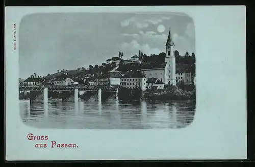 Mondschein-AK Passau, Ortsansicht vom Wasser aus