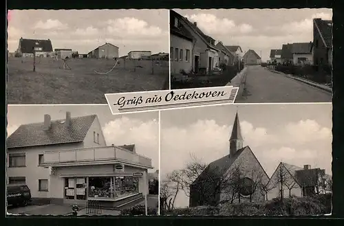 AK Oedekoven, Strassenpartie, Kirche, Geschäftshaus