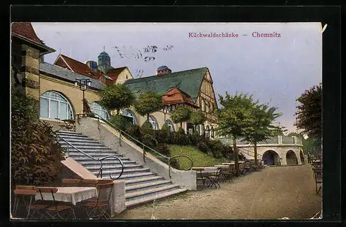 AK Chemnitz, Gasthaus Küchwaldschänke, Seitenansicht mit Strasse