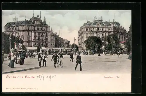 AK Berlin-Tiergarten, Potsdamer Platz mit Litfasssäule und Strassenbahn